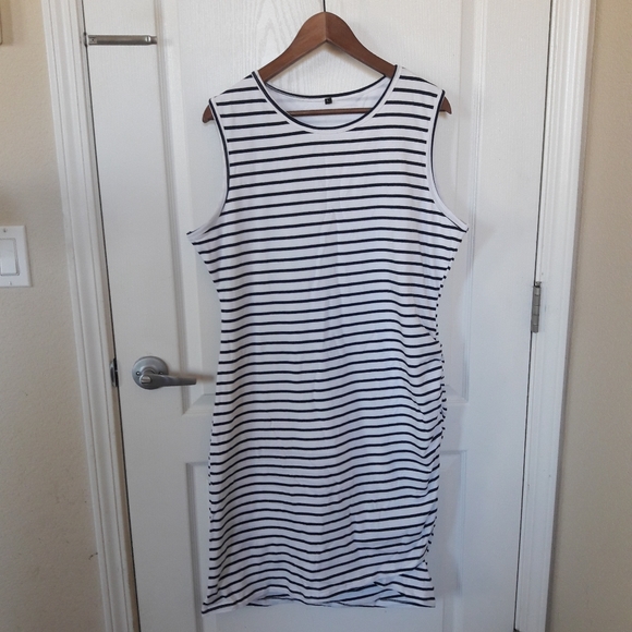 NWOT Navy & White Stripe Dress Sz L - Picture 1 of 16